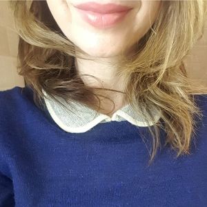 J Crew blue sweater with grey/white Peter Pan collar